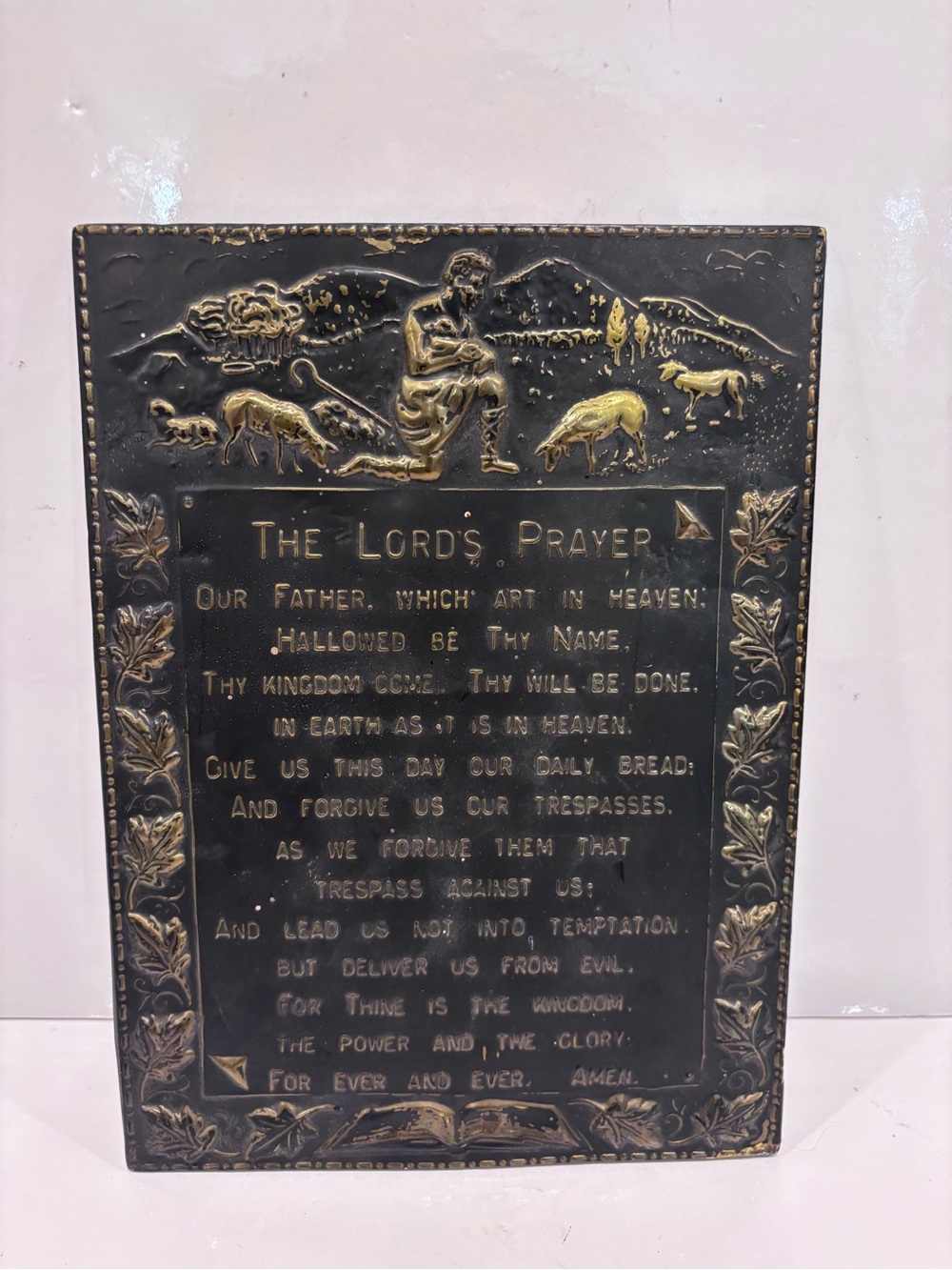 Vintage embossed the Lord’s Prayer metal wall plaque shepherd sheep religious